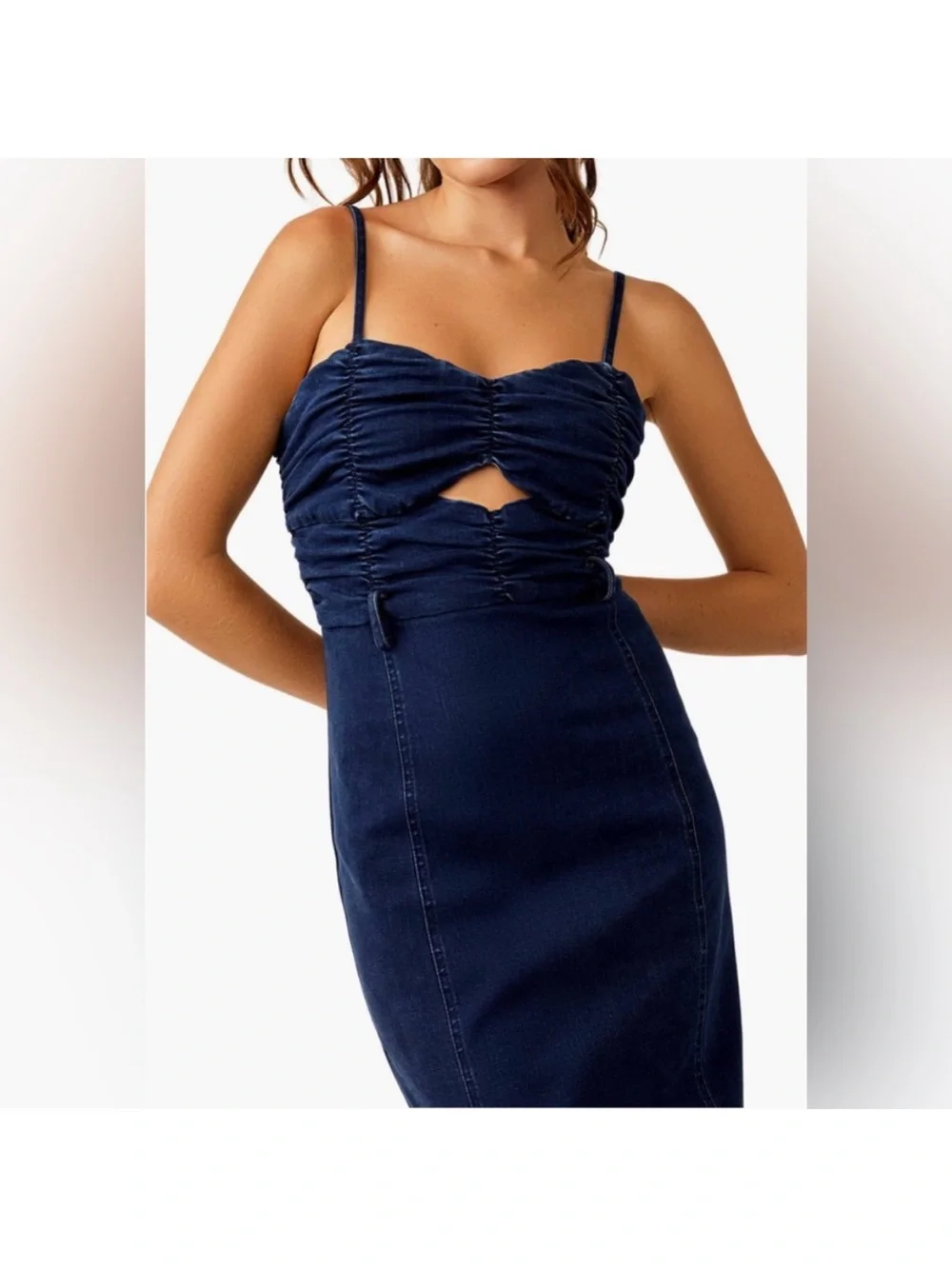 Free People Serenity Ruched Denim Midi Dress Midnight Size S